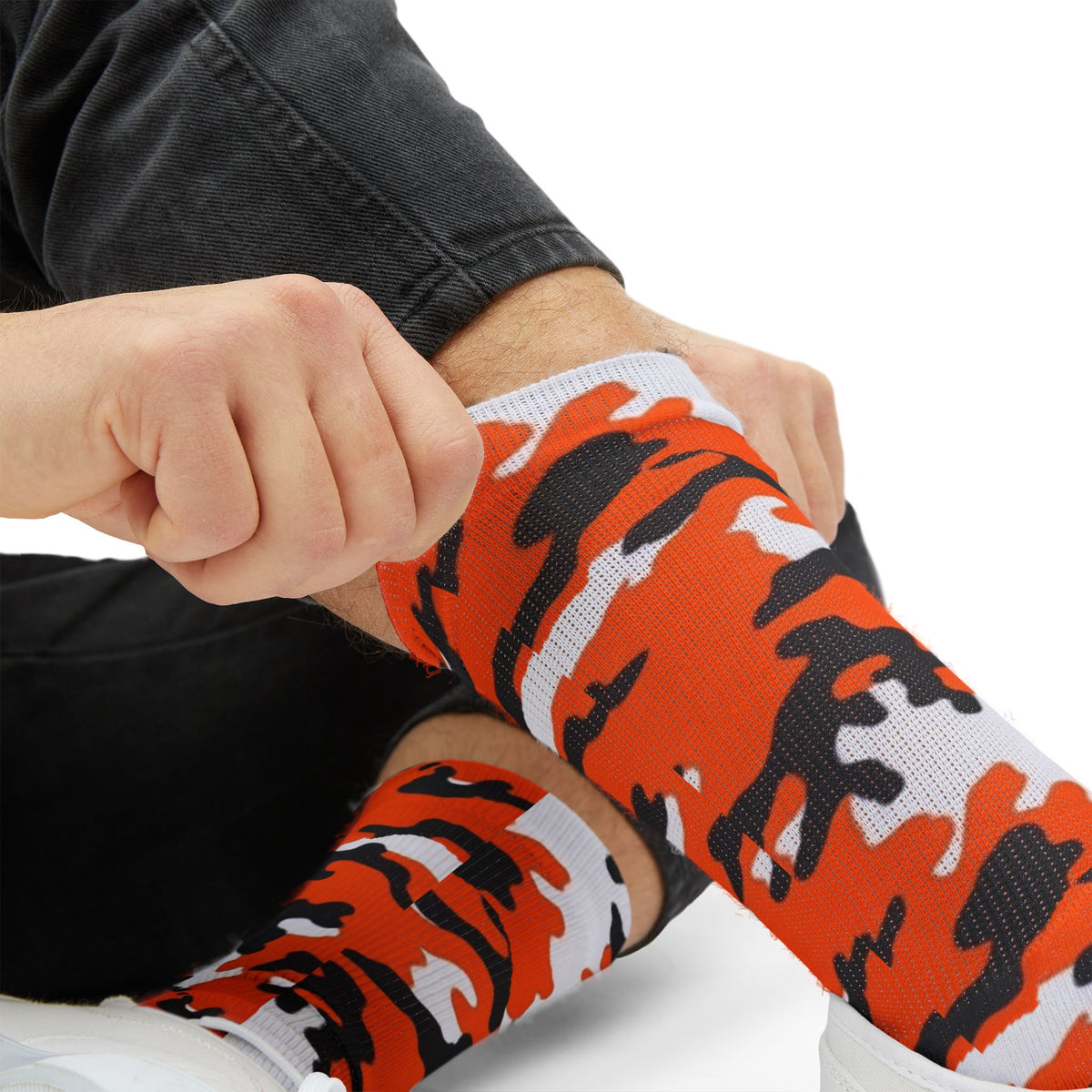 Orange, Black and White Hi Seas ll Camouflage Crew Socks by Camotoez Crimson Pulse Camo Crew | Blend In But Stand Out Edition | More Mercy For Your Sole