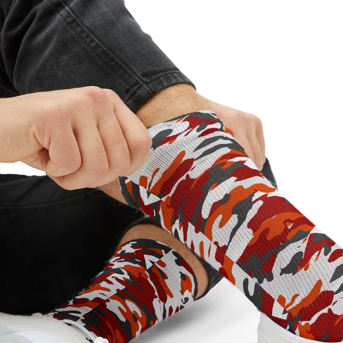 Tampa Bay Vibe Red Orange Camo Sublimation Socks — Unisex Military Print Crew Socks