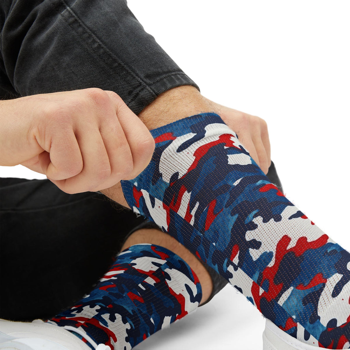 Still One Nation, Red, White and Blue Camouflage Crew Socks by Camotoez