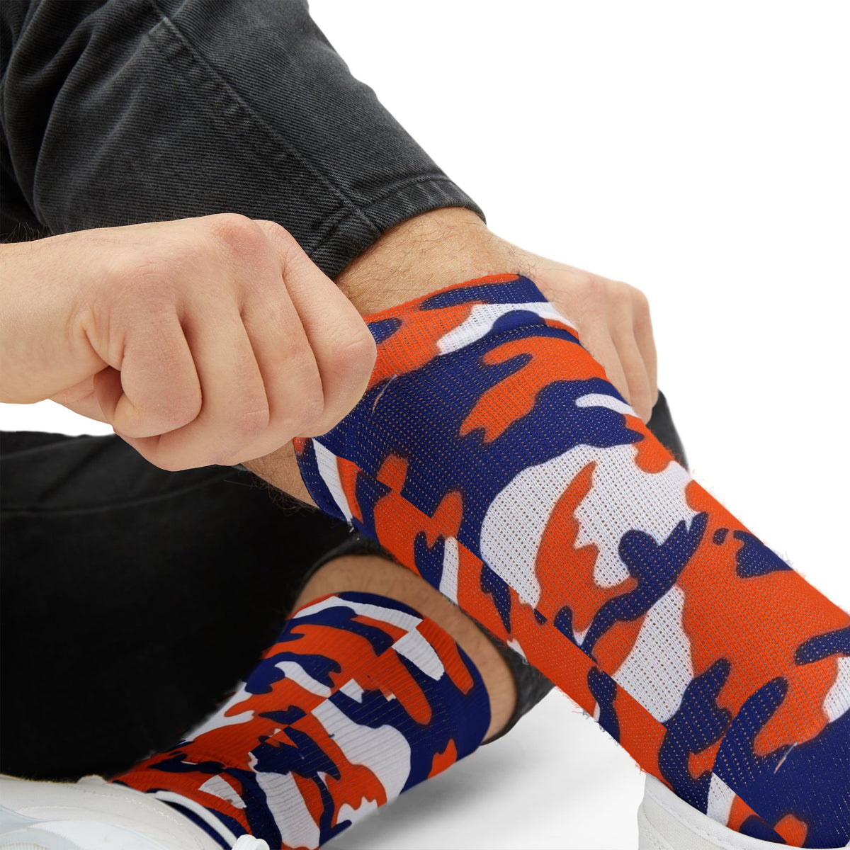 Orange, Blue and White Electros Camouflage Crew Socks by Camotoez Crimson Pulse Camo Crew | Blend In But Stand Out Edition | More Mercy For Your Sole