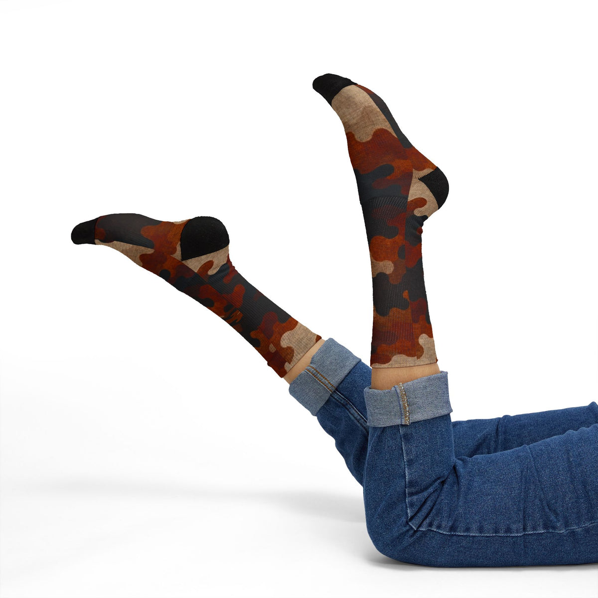 Burnt Sienna and  Deep Expresso Crew Socks by Camotoez Catch My Dust Alpine Camo Socks