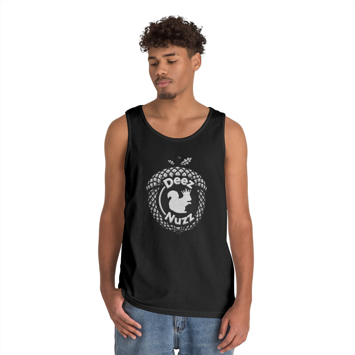 ‘Deez Nuzz’  Vintage White/Black Crest Funny Graphic Tank Top