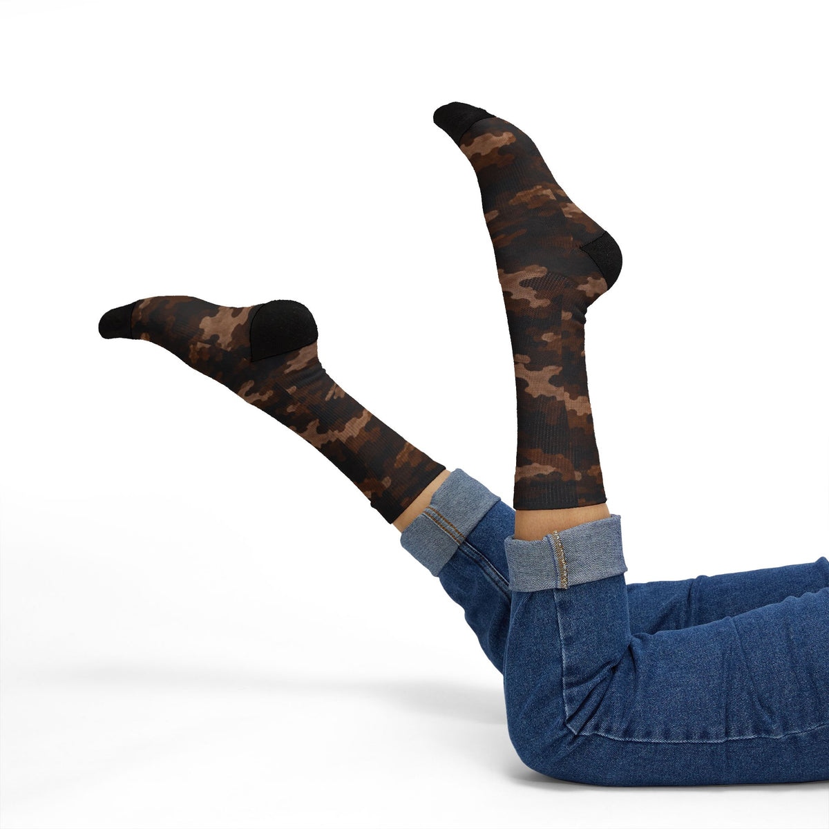 Cocoa Beans Powder Brown  and Expresso Camouflage Crew Socks by Camotoez Feral Sequoia Drift