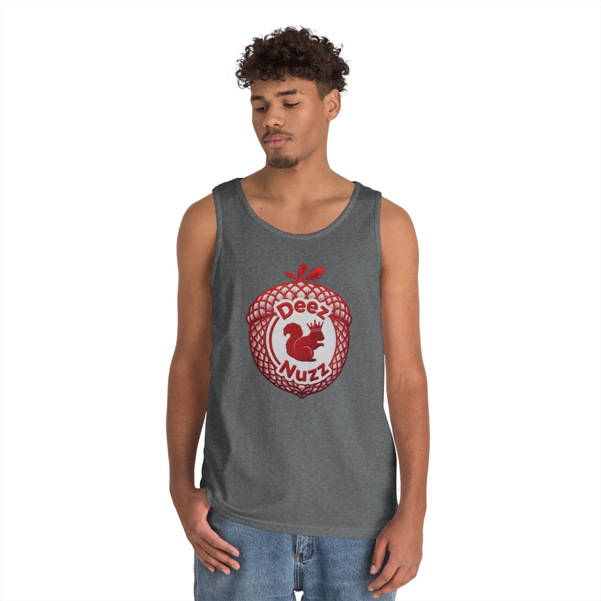 'Deez Nuzz' Red Acorn Funny Squirrel Graphic Tank Top
