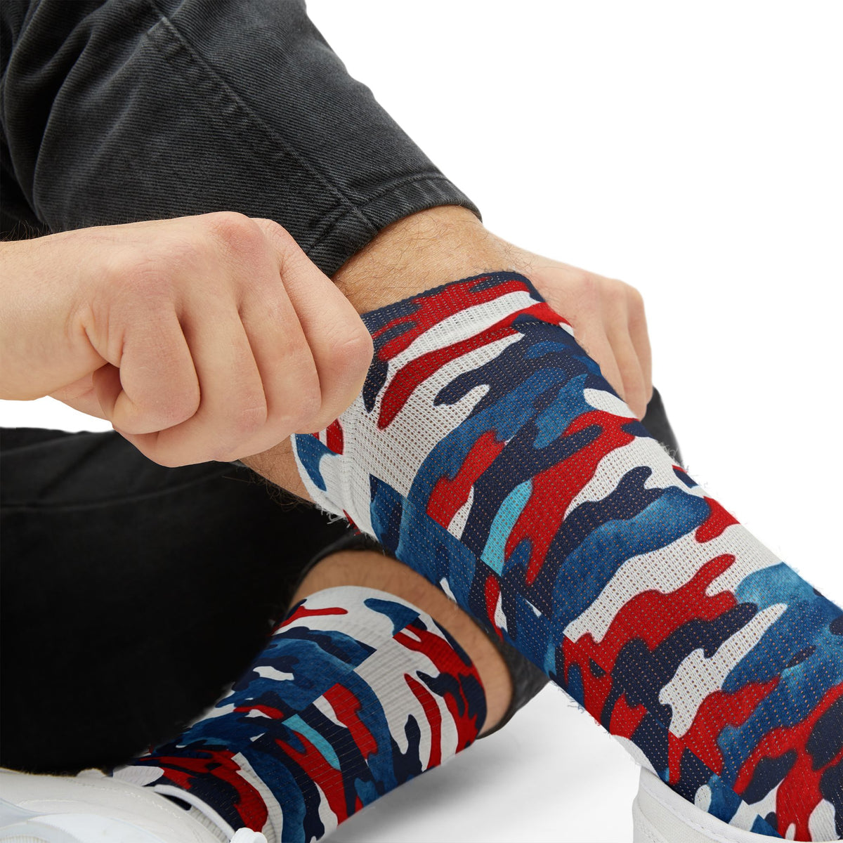 Still One Nation, Red, White and Blue Camouflage Crew Socks by Camotoez
