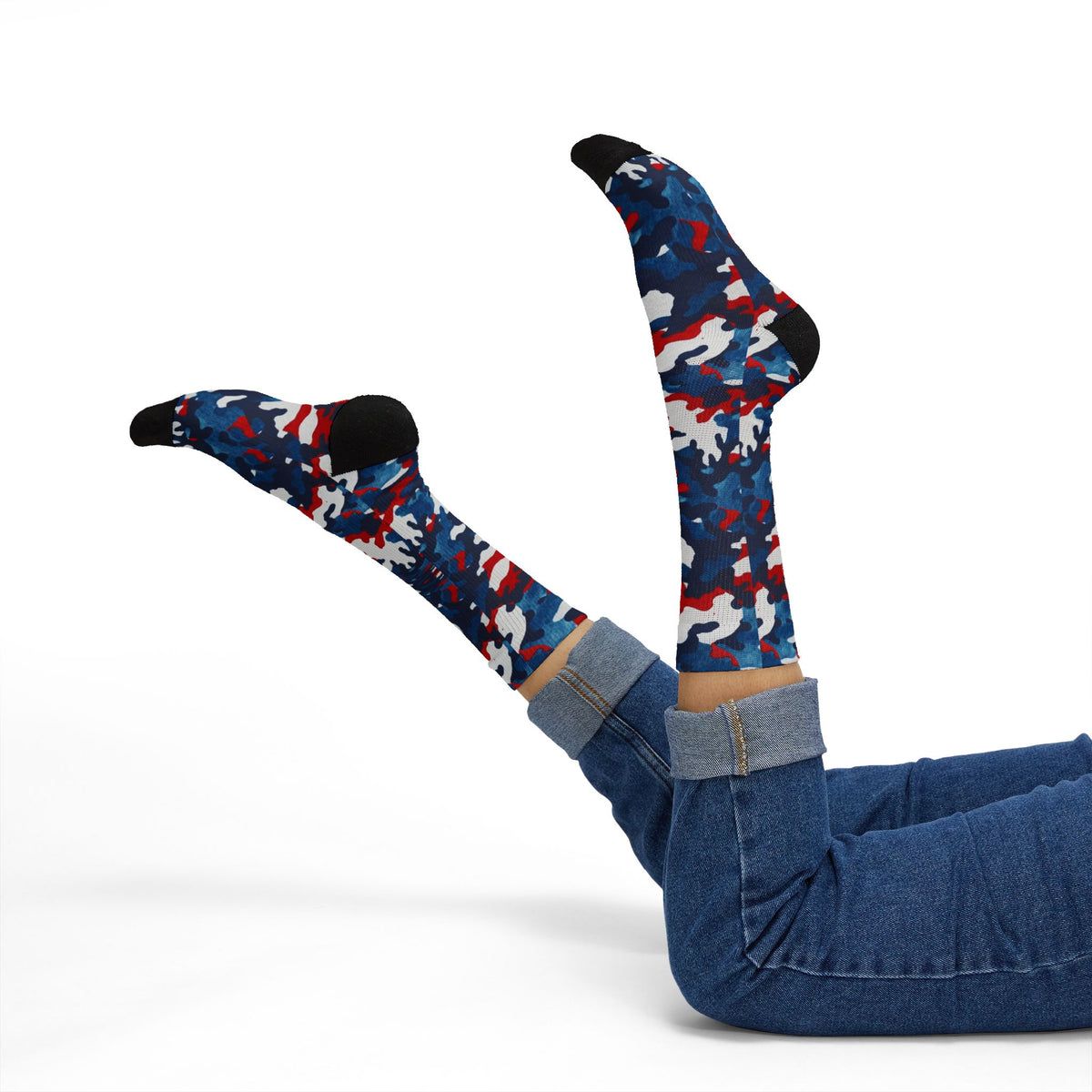 Still One Nation, Red, White and Blue Camouflage Crew Socks by Camotoez