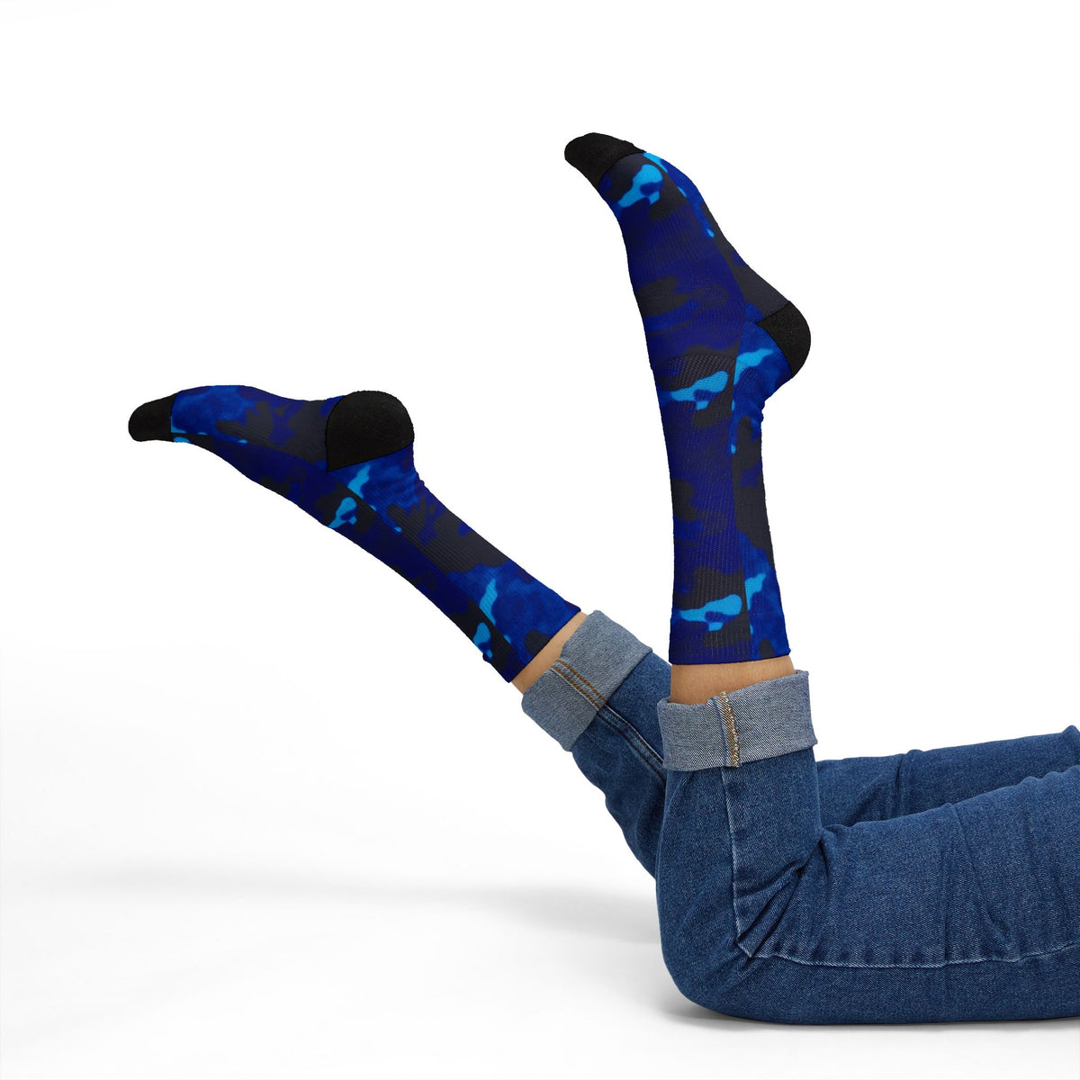 Midnight Obsidian and Aquatic Awe Camouflage Crew Socks by Camotoez Deep Azure Camo Crew | Blend In But Stand Out Edition | More Mercy For Yor Soles Teal Crew Socks by Camotoez Deep Azure Camo Crew