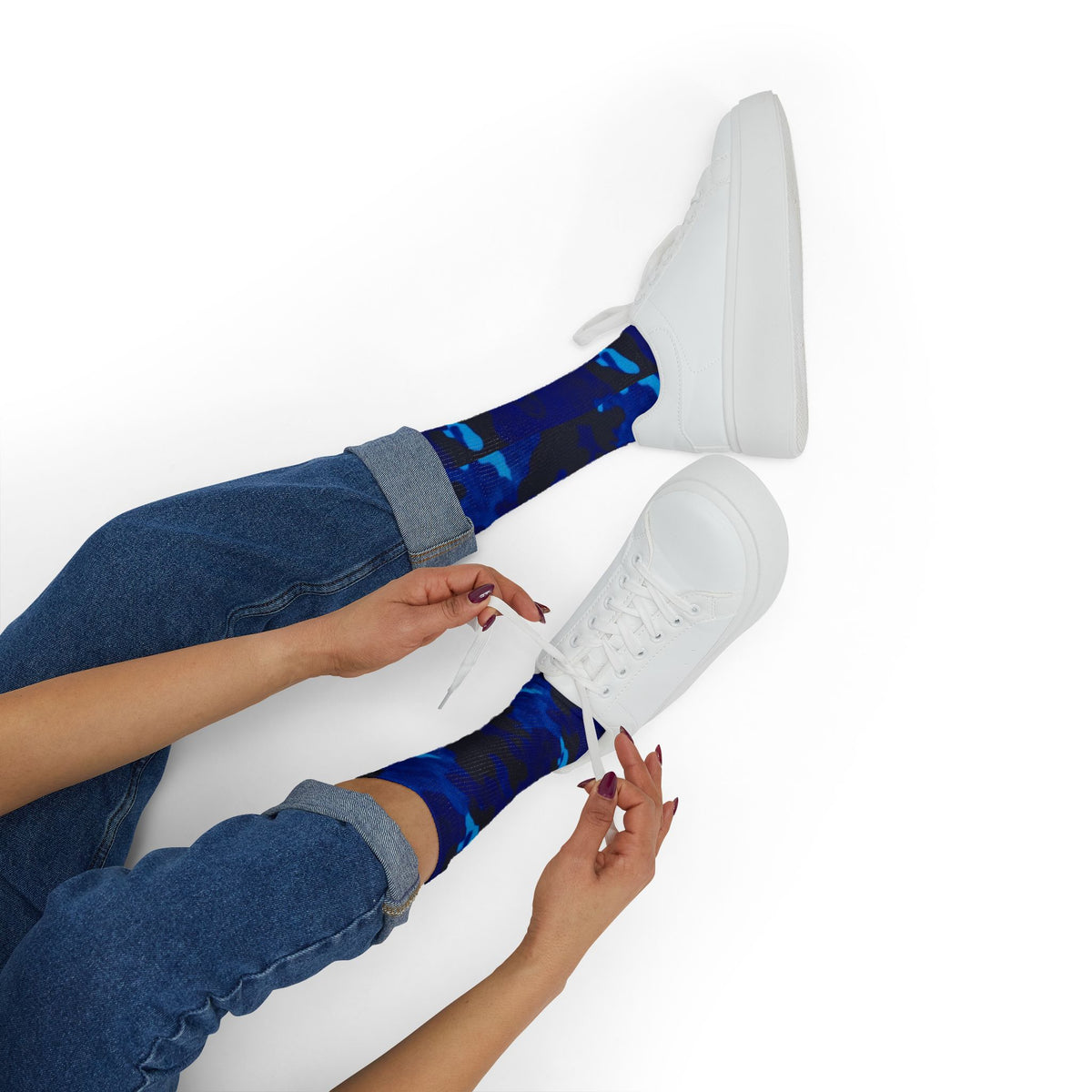 Midnight Obsidian and Aquatic Awe Camouflage Crew Socks by Camotoez Deep Azure Camo Crew | Blend In But Stand Out Edition | More Mercy For Yor Soles Teal Crew Socks by Camotoez Deep Azure Camo Crew