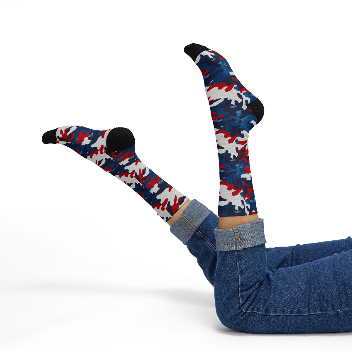Still One Nation, Red, White and Blue Camouflage Crew Socks by Camotoez