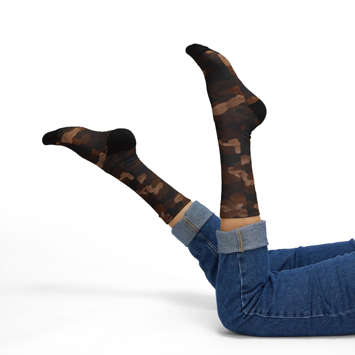 Cocoa Beans Powder Brown  and Expresso Camouflage Crew Socks by Camotoez Feral Sequoia Drift