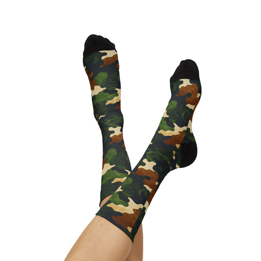 Terra Brown and Verdant Green Crew Socks by Camotoez FeralWood ForestCamo Crew