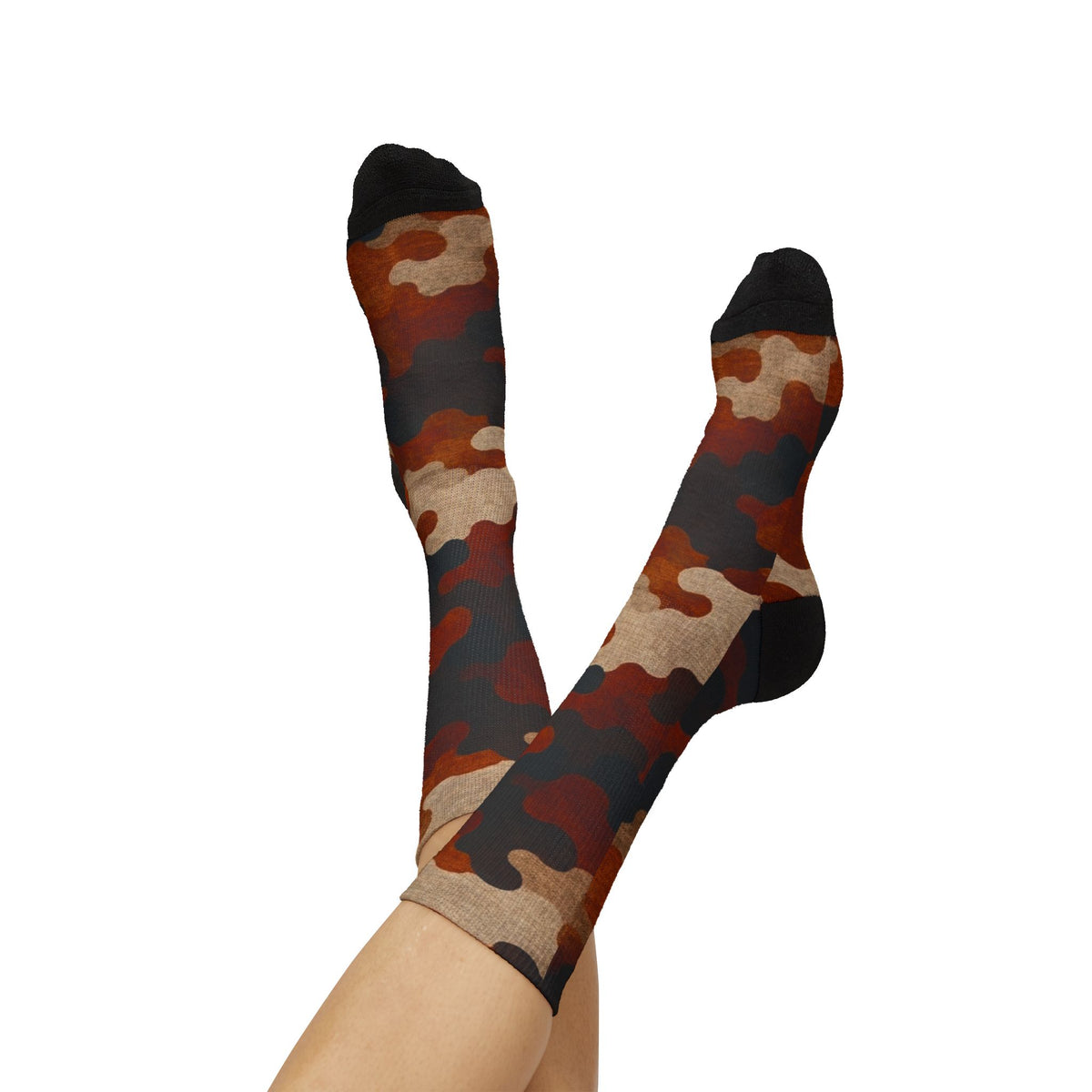 Burnt Sienna and  Deep Expresso Crew Socks by Camotoez Catch My Dust Alpine Camo Socks