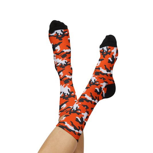 Orange, Black and White Hi Seas ll Camouflage Crew Socks by Camotoez Crimson Pulse Camo Crew | Blend In But Stand Out Edition | More Mercy For Your Sole