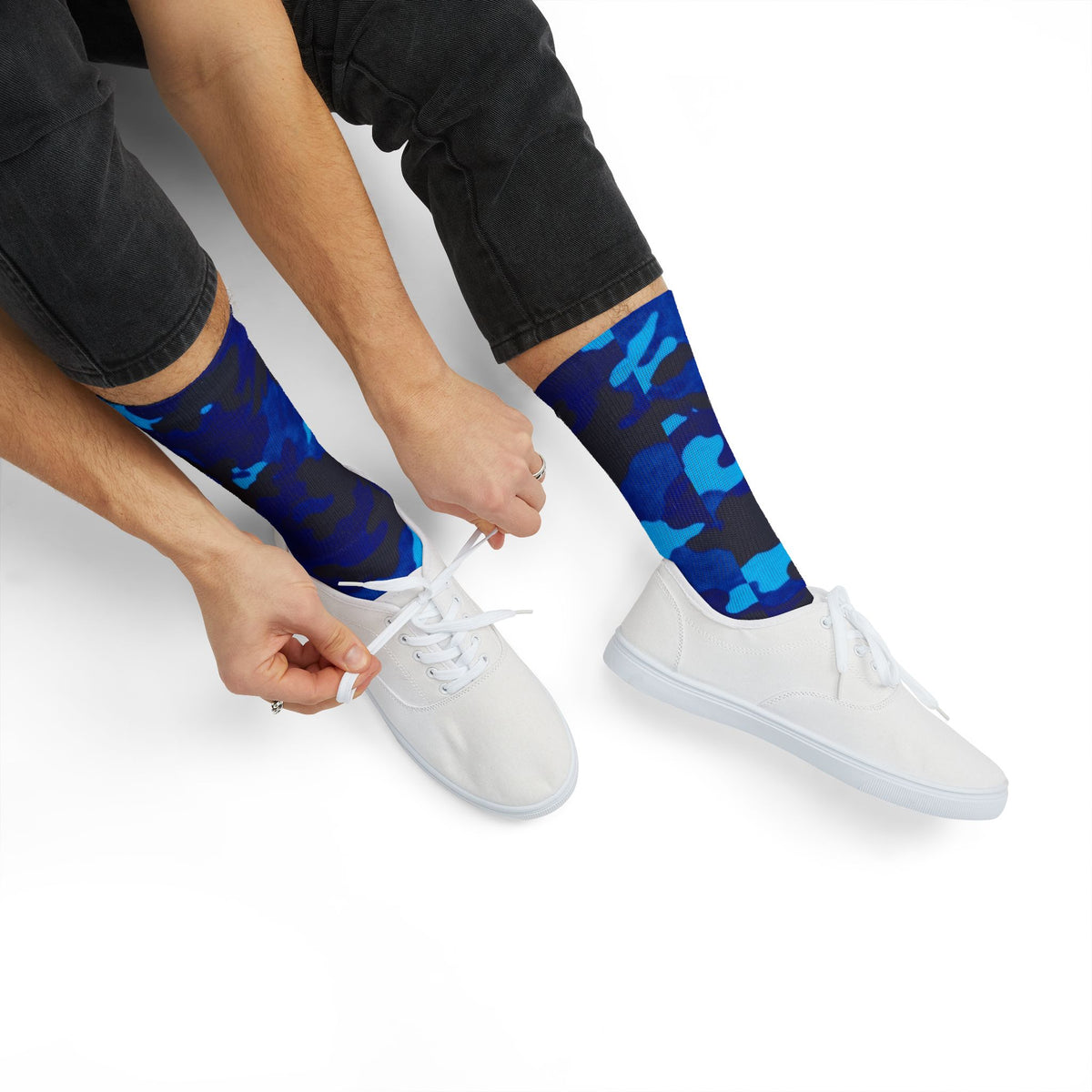 Midnight Obsidian and Aquatic Awe Camouflage Crew Socks by Camotoez Deep Azure Camo Crew | Blend In But Stand Out Edition | More Mercy For Yor Soles Teal Crew Socks by Camotoez Deep Azure Camo Crew