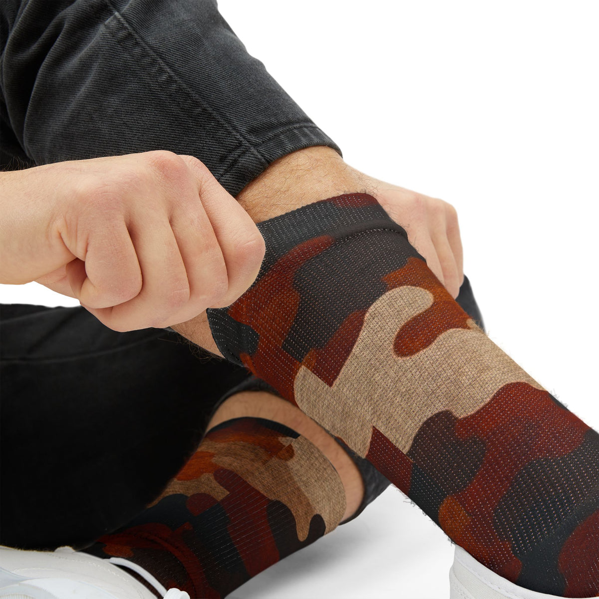 Burnt Sienna and  Deep Expresso Crew Socks by Camotoez Catch My Dust Alpine Camo Socks