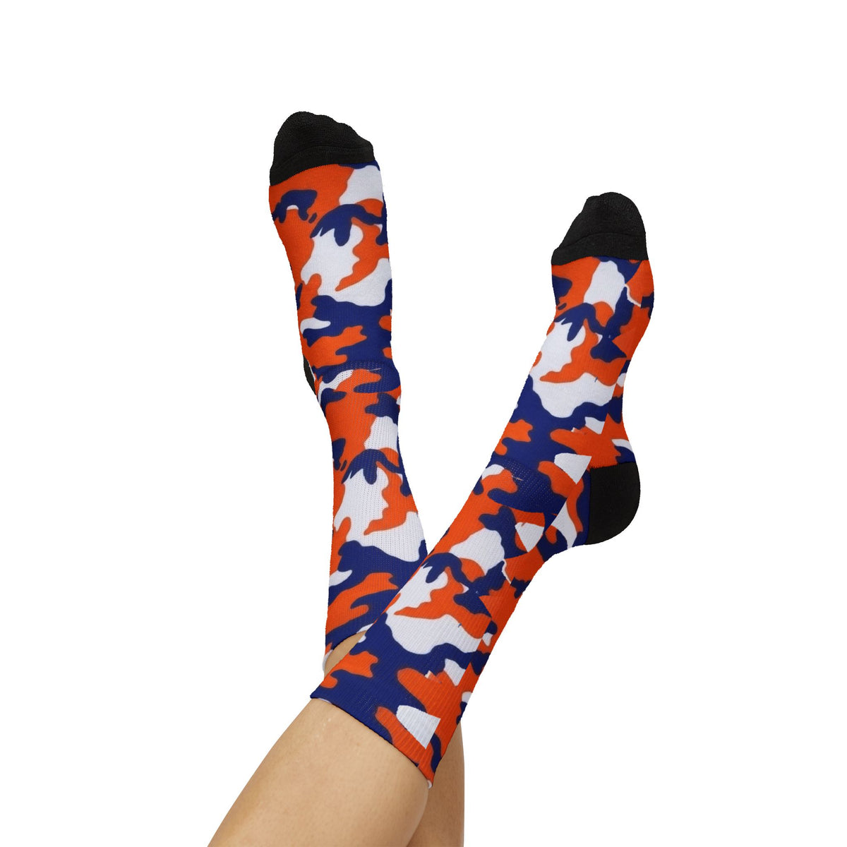 Orange, Blue and White Electros Camouflage Crew Socks by Camotoez Crimson Pulse Camo Crew | Blend In But Stand Out Edition | More Mercy For Your Sole