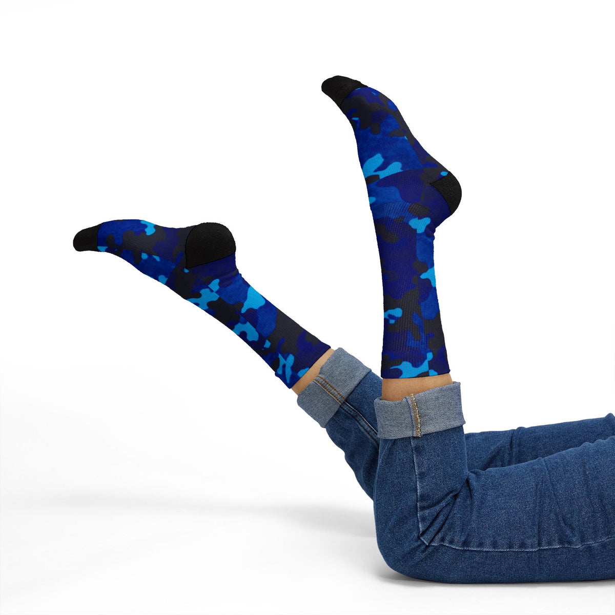 Midnight Obsidian and Aquatic Awe Camouflage Crew Socks by Camotoez Deep Azure Camo Crew | Blend In But Stand Out Edition | More Mercy For Yor Soles Teal Crew Socks by Camotoez Deep Azure Camo Crew