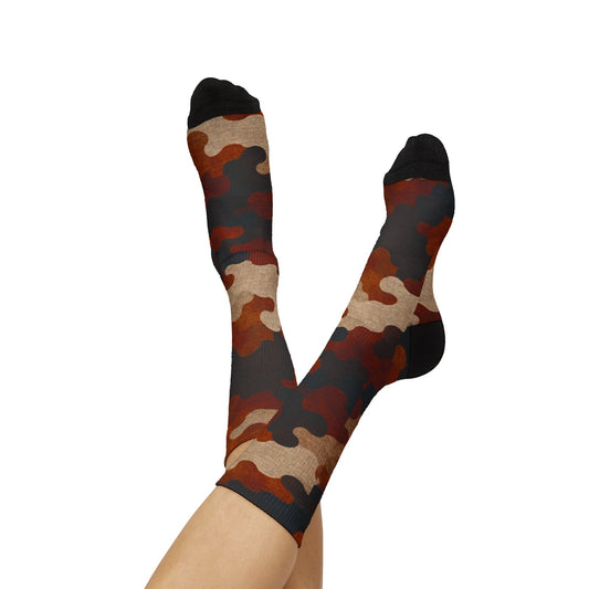 Burnt Sienna and  Deep Expresso Crew Socks by Camotoez Catch My Dust Alpine Camo Socks