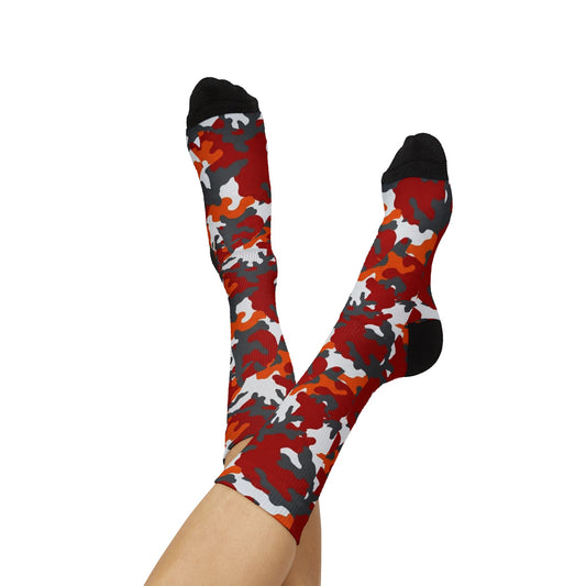 Tampa Bay Vibe Red Orange Camo Sublimation Socks — Unisex Military Print Crew Socks