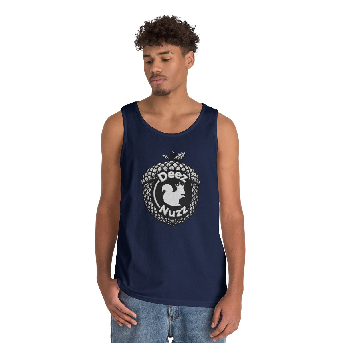 ‘Deez Nuzz’  Vintage White/Black Crest Funny Graphic Tank Top