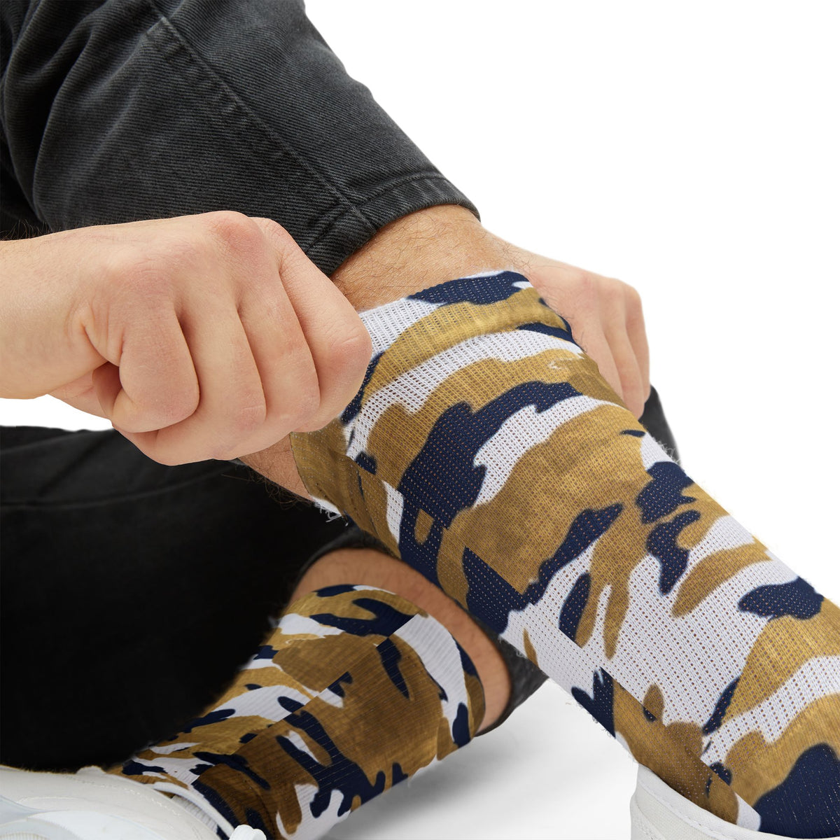 White, Royal Blue and Gold Pubs l Camouflage Crew Socks by Camotoez
