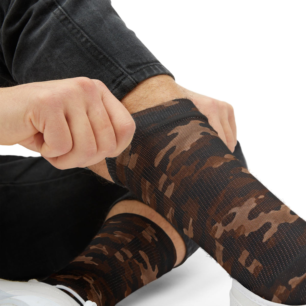 Cocoa Beans Powder Brown  and Expresso Camouflage Crew Socks by Camotoez Feral Sequoia Drift