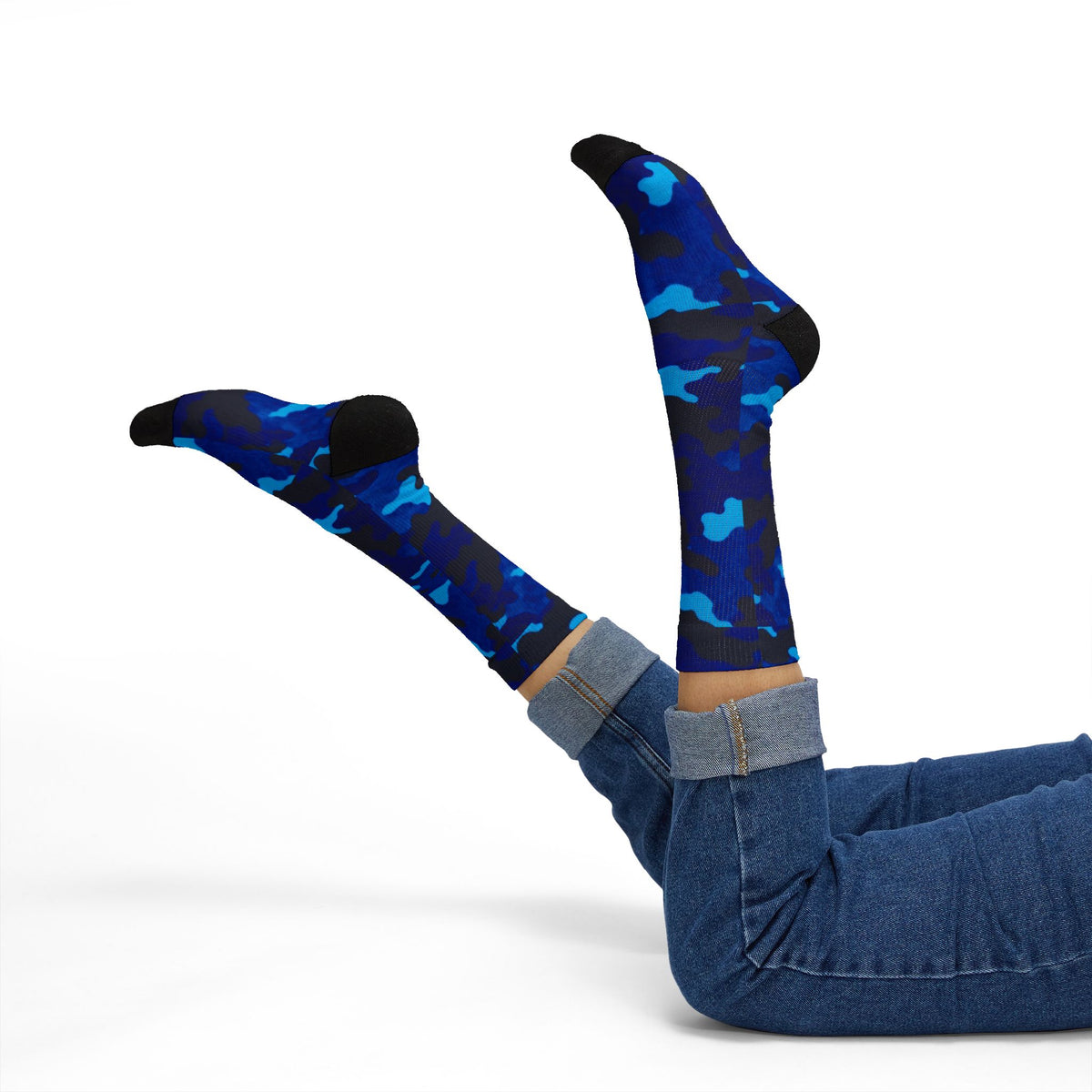 Midnight Obsidian and Aquatic Awe Camouflage Crew Socks by Camotoez Deep Azure Camo Crew | Blend In But Stand Out Edition | More Mercy For Yor Soles Teal Crew Socks by Camotoez Deep Azure Camo Crew