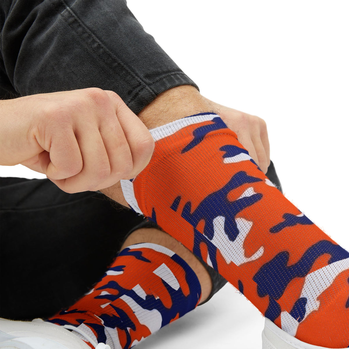 Orange, Blue and White Electros Camouflage Crew Socks by Camotoez Crimson Pulse Camo Crew | Blend In But Stand Out Edition | More Mercy For Your Sole