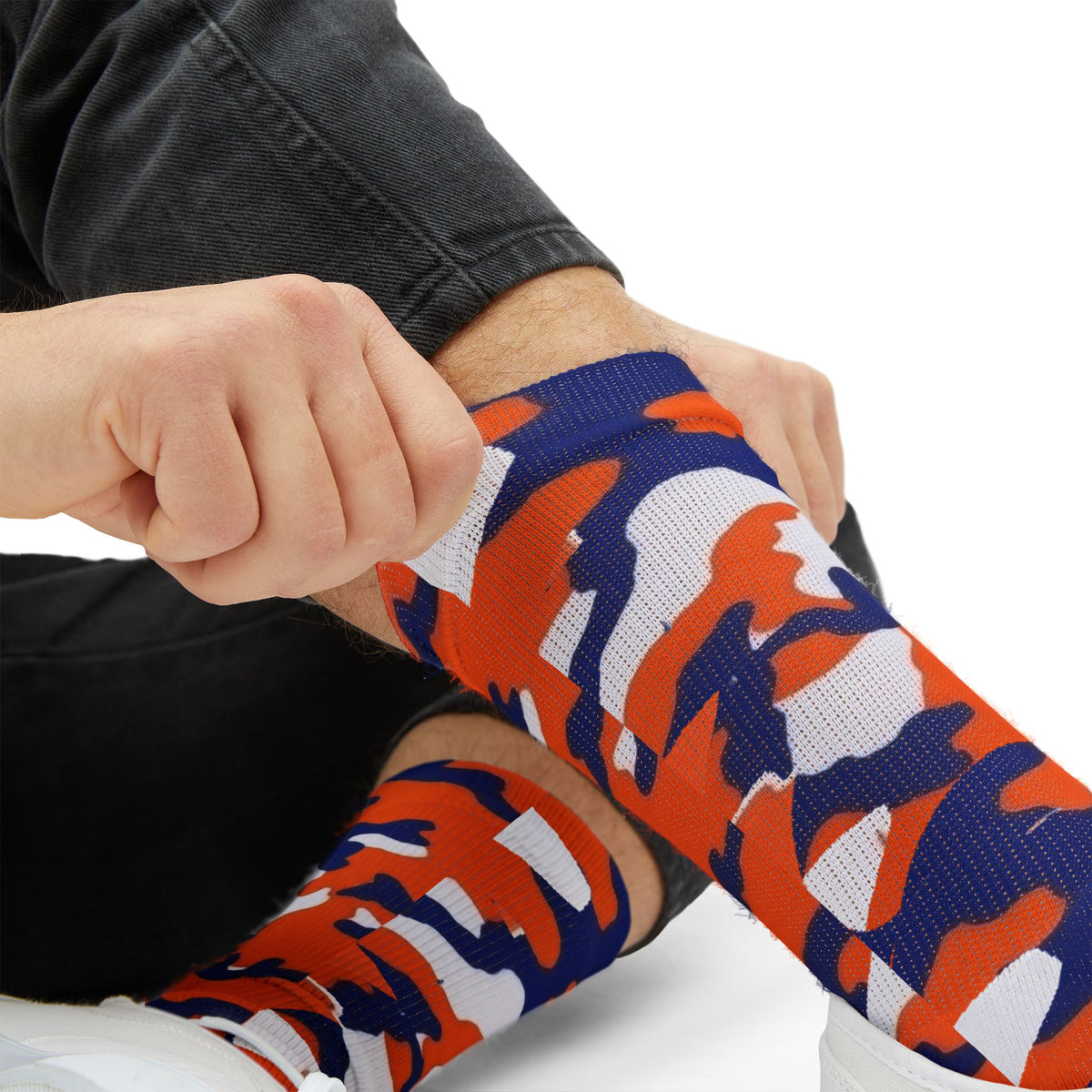 Orange, Blue and White Electros Camouflage Crew Socks by Camotoez Crimson Pulse Camo Crew | Blend In But Stand Out Edition | More Mercy For Your Sole
