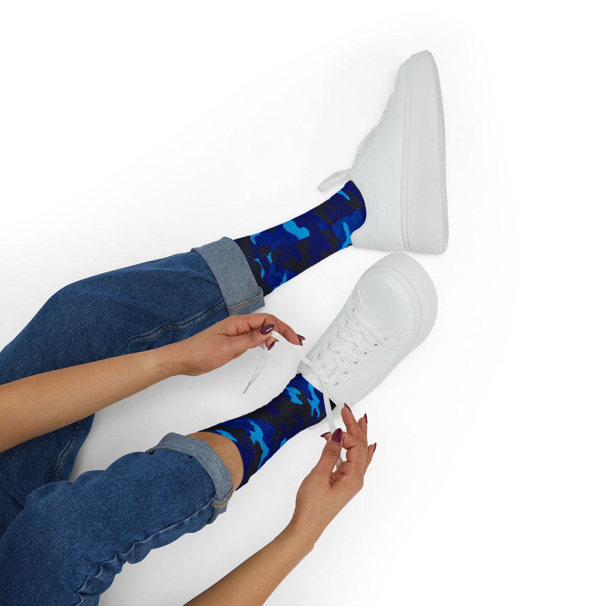 Midnight Obsidian and Aquatic Awe Camouflage Crew Socks by Camotoez Deep Azure Camo Crew | Blend In But Stand Out Edition | More Mercy For Yor Soles Teal Crew Socks by Camotoez Deep Azure Camo Crew
