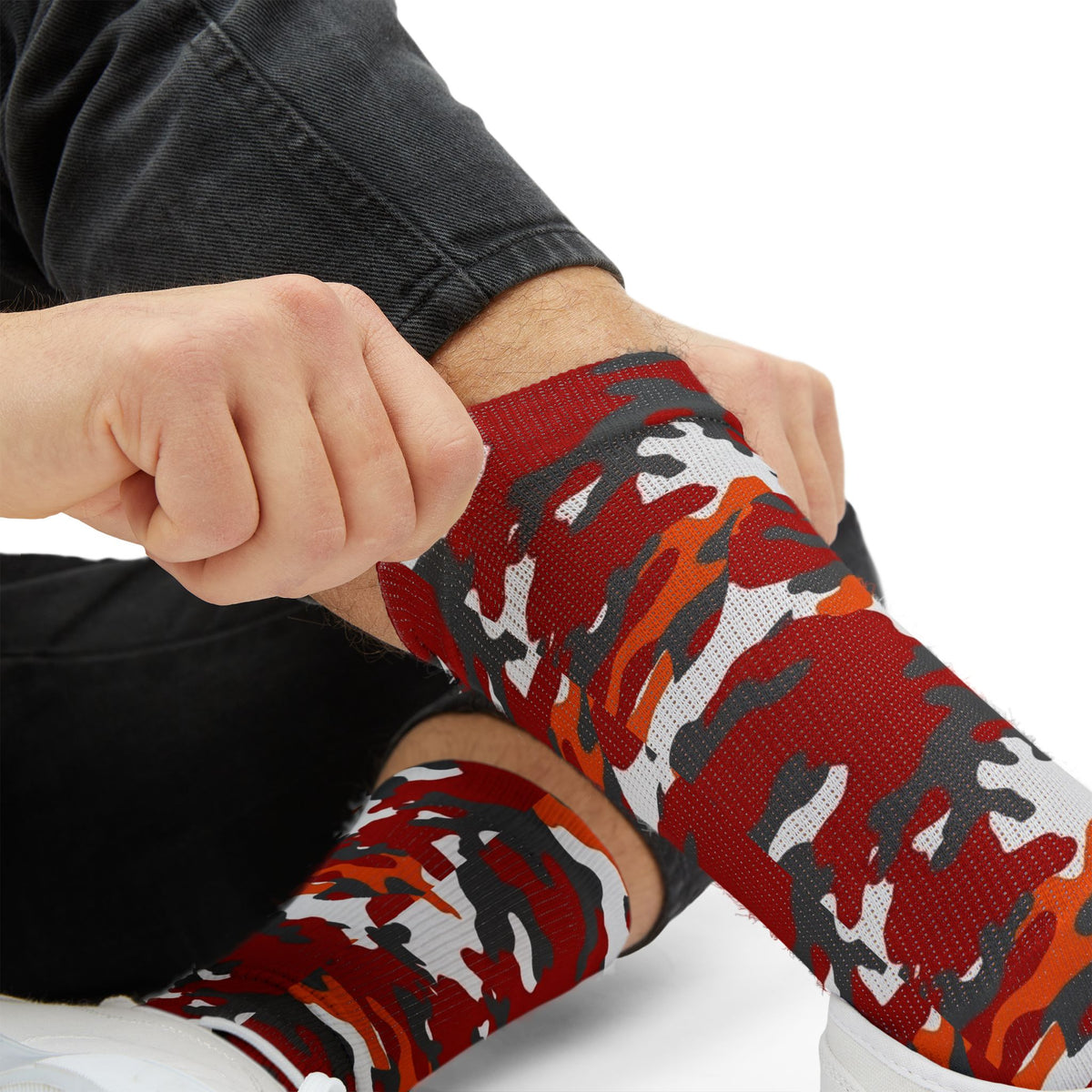 Tampa Bay Vibe Red Orange Camo Sublimation Socks — Unisex Military Print Crew Socks