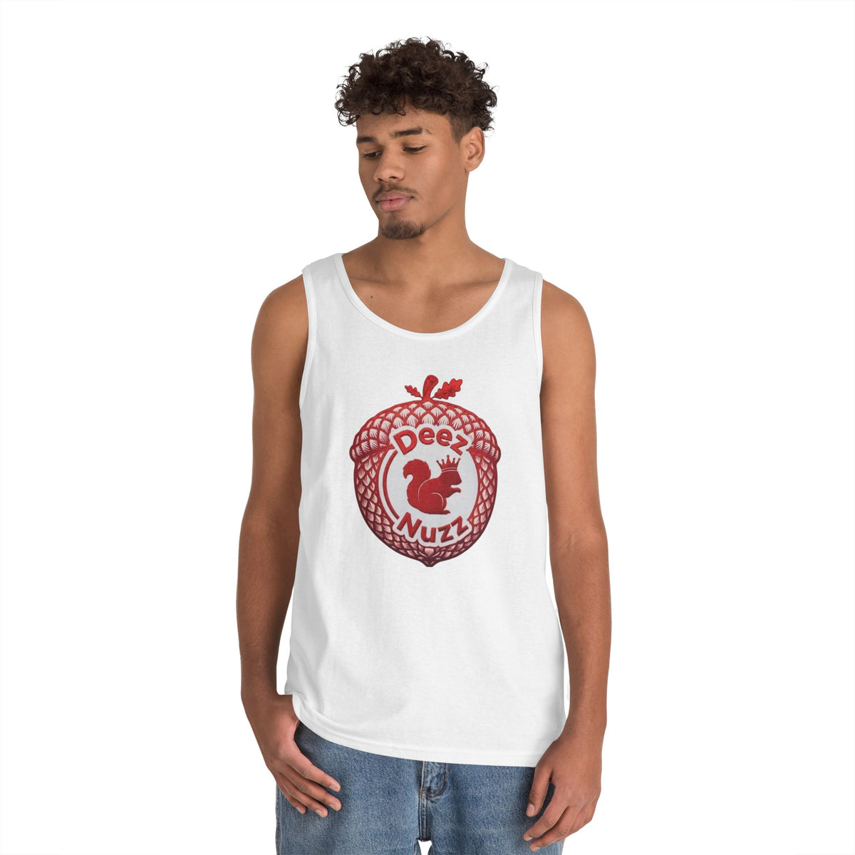 'Deez Nuzz' Red Acorn Funny Squirrel Graphic Tank Top
