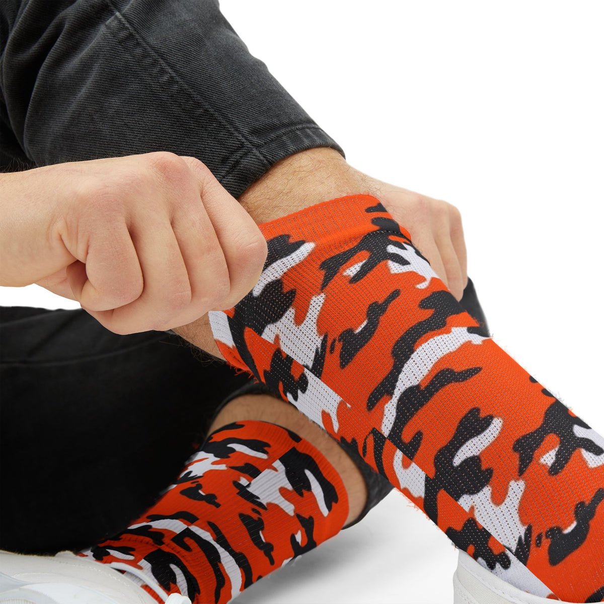 Orange, Black and White Hi Seas ll Camouflage Crew Socks by Camotoez Crimson Pulse Camo Crew | Blend In But Stand Out Edition | More Mercy For Your Sole