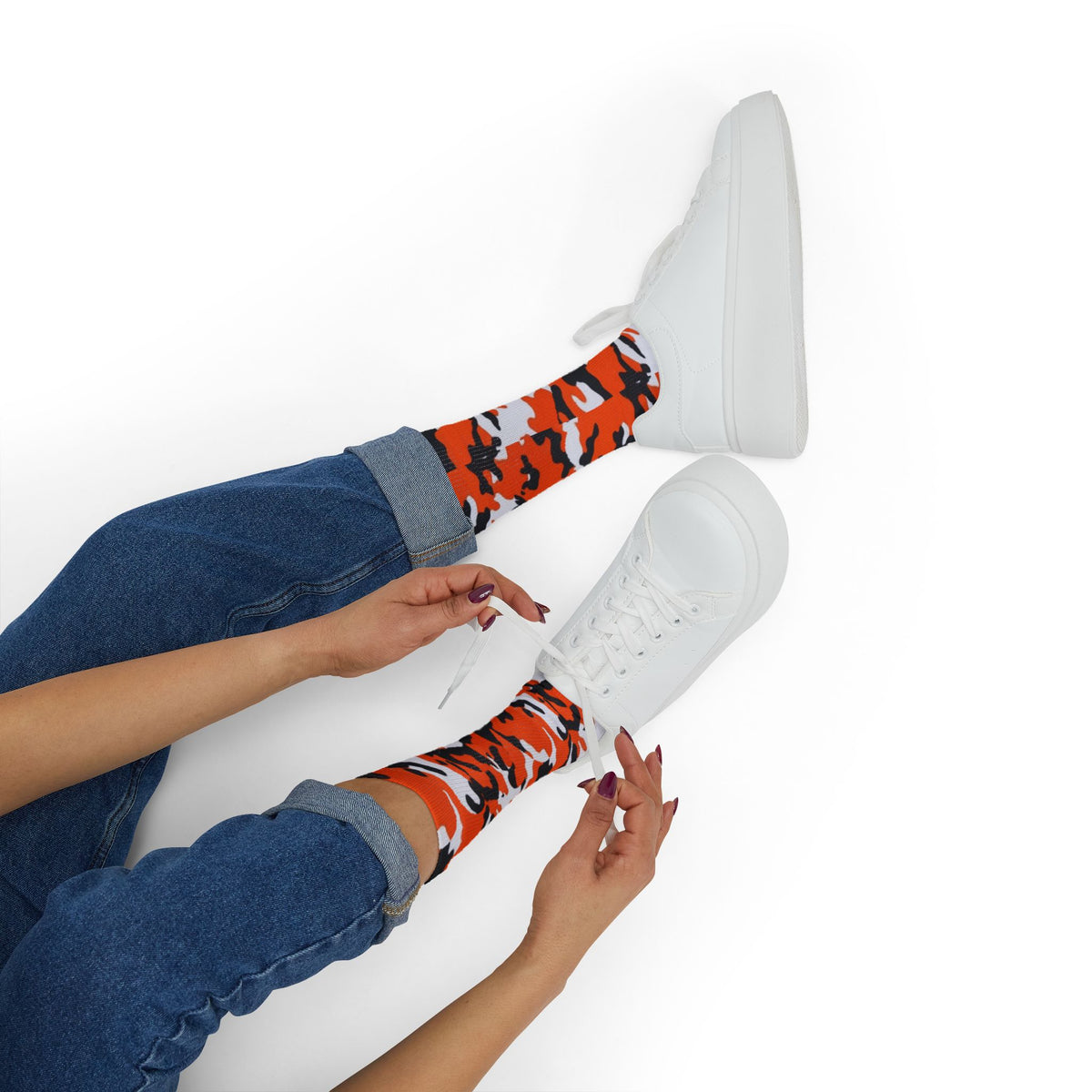 Orange, Black and White Hi Seas ll Camouflage Crew Socks by Camotoez Crimson Pulse Camo Crew | Blend In But Stand Out Edition | More Mercy For Your Sole