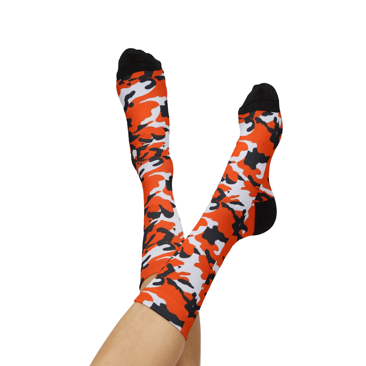 Orange, Black and White Hi Seas ll Camouflage Crew Socks by Camotoez Crimson Pulse Camo Crew | Blend In But Stand Out Edition | More Mercy For Your Sole