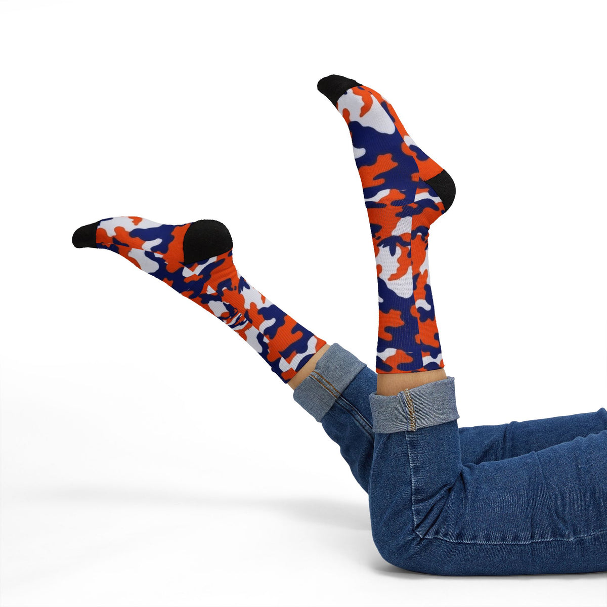 Orange, Blue and White Electros Camouflage Crew Socks by Camotoez Crimson Pulse Camo Crew | Blend In But Stand Out Edition | More Mercy For Your Sole