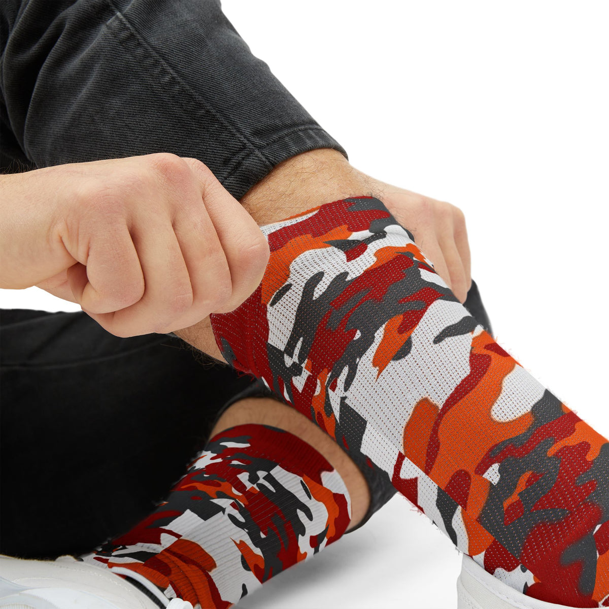 Tampa Bay Vibe Red Orange Camo Sublimation Socks — Unisex Military Print Crew Socks