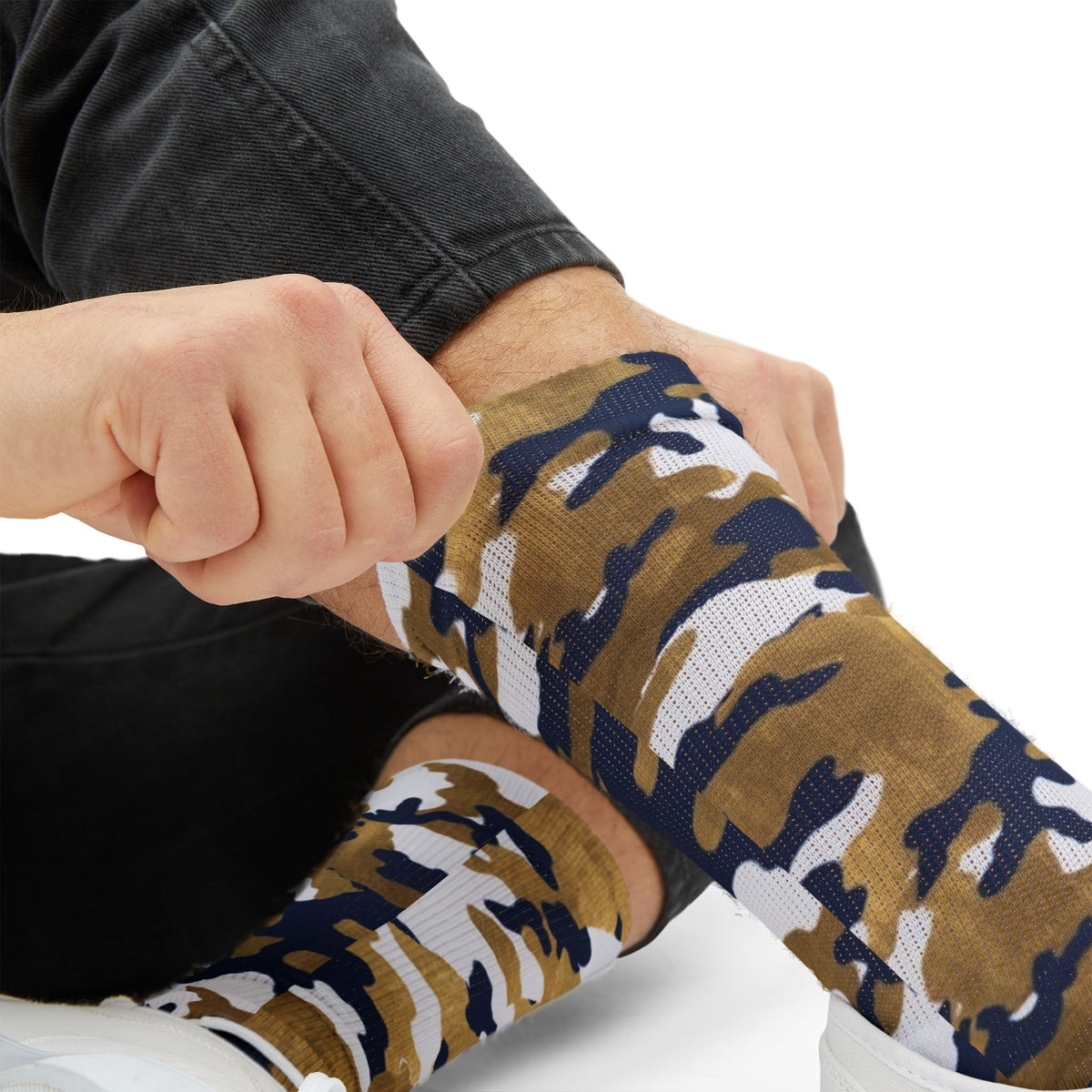 White, Royal Blue and Gold Pubs l Camouflage Crew Socks by Camotoez