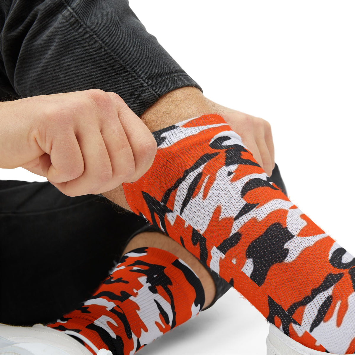 Orange, Black and White Hi Seas ll Camouflage Crew Socks by Camotoez Crimson Pulse Camo Crew | Blend In But Stand Out Edition | More Mercy For Your Sole