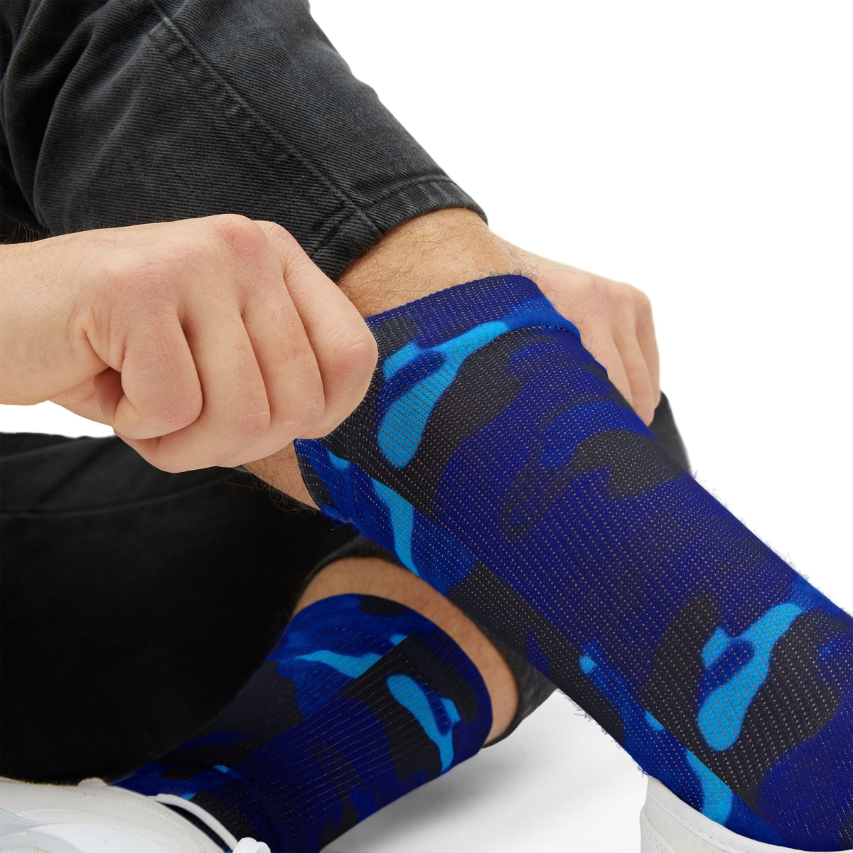Midnight Obsidian and Aquatic Awe Camouflage Crew Socks by Camotoez Deep Azure Camo Crew | Blend In But Stand Out Edition | More Mercy For Yor Soles Teal Crew Socks by Camotoez Deep Azure Camo Crew