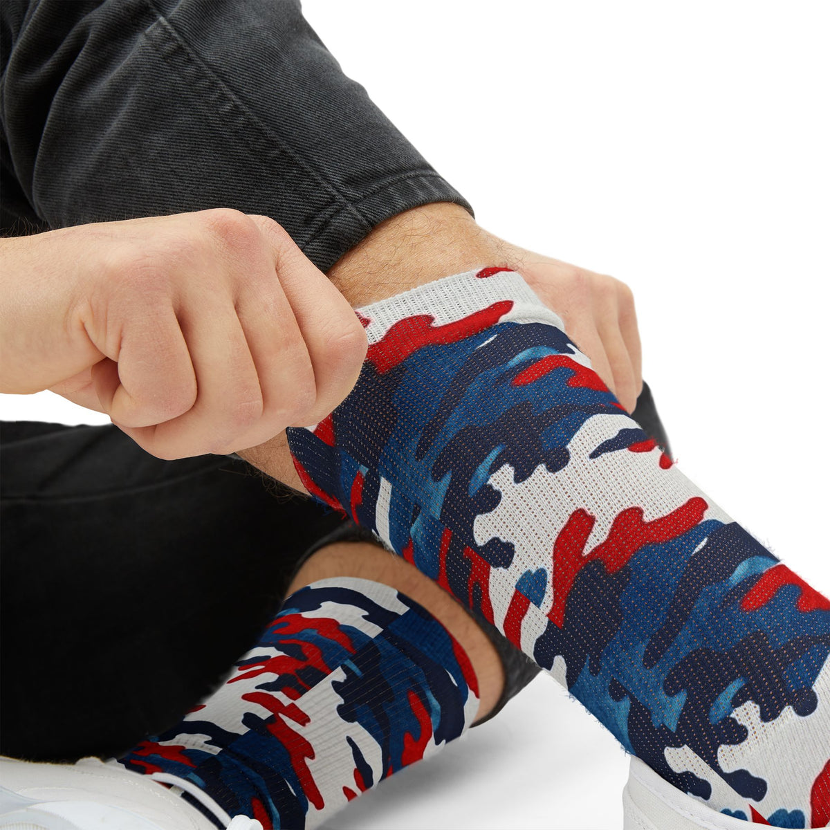 Still One Nation, Red, White and Blue Camouflage Crew Socks by Camotoez