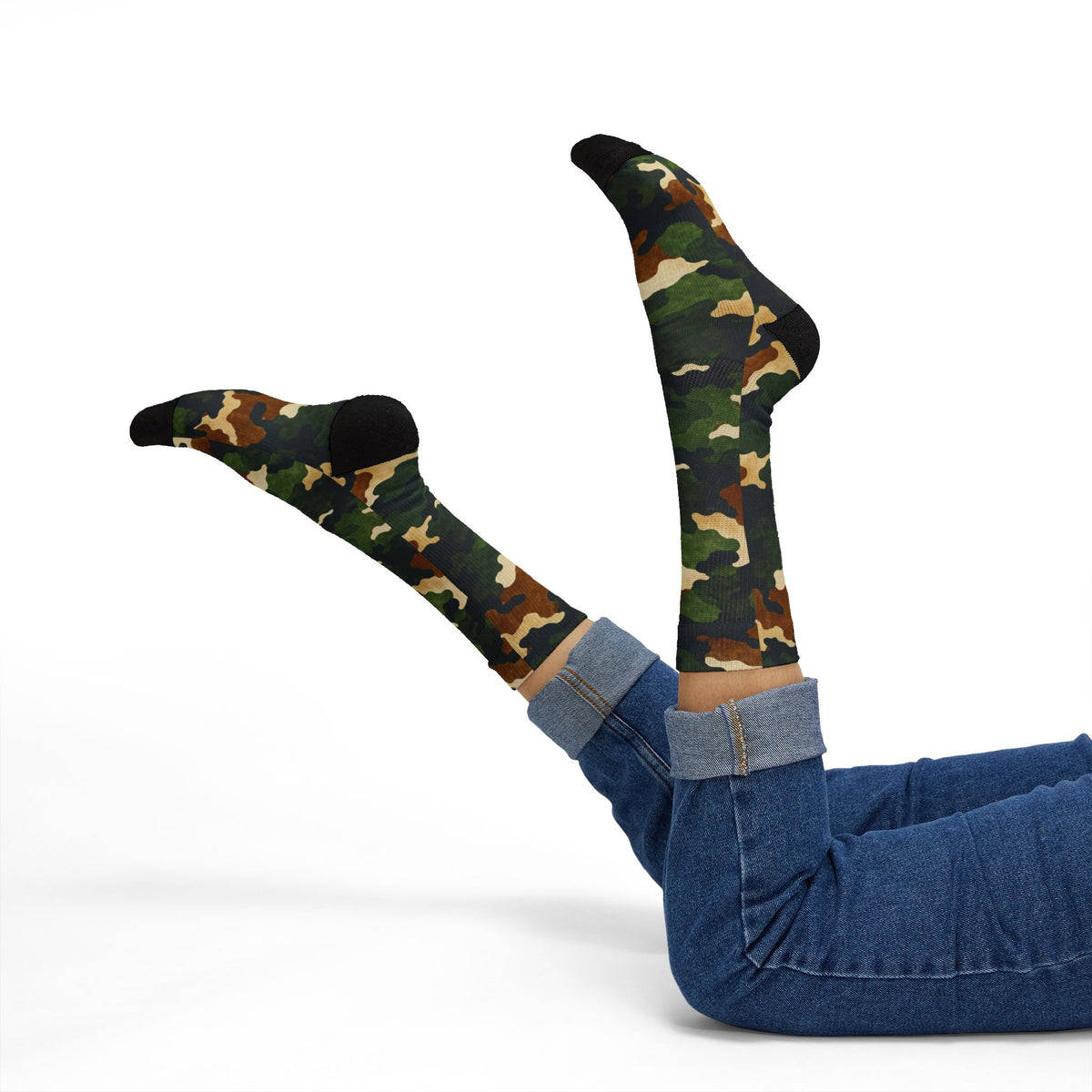 Terra Brown and Verdant Green Crew Socks by Camotoez FeralWood ForestCamo Crew
