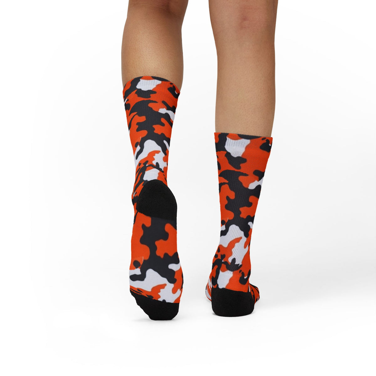 Orange, Black and White Hi Seas ll Camouflage Crew Socks by Camotoez Crimson Pulse Camo Crew | Blend In But Stand Out Edition | More Mercy For Your Sole