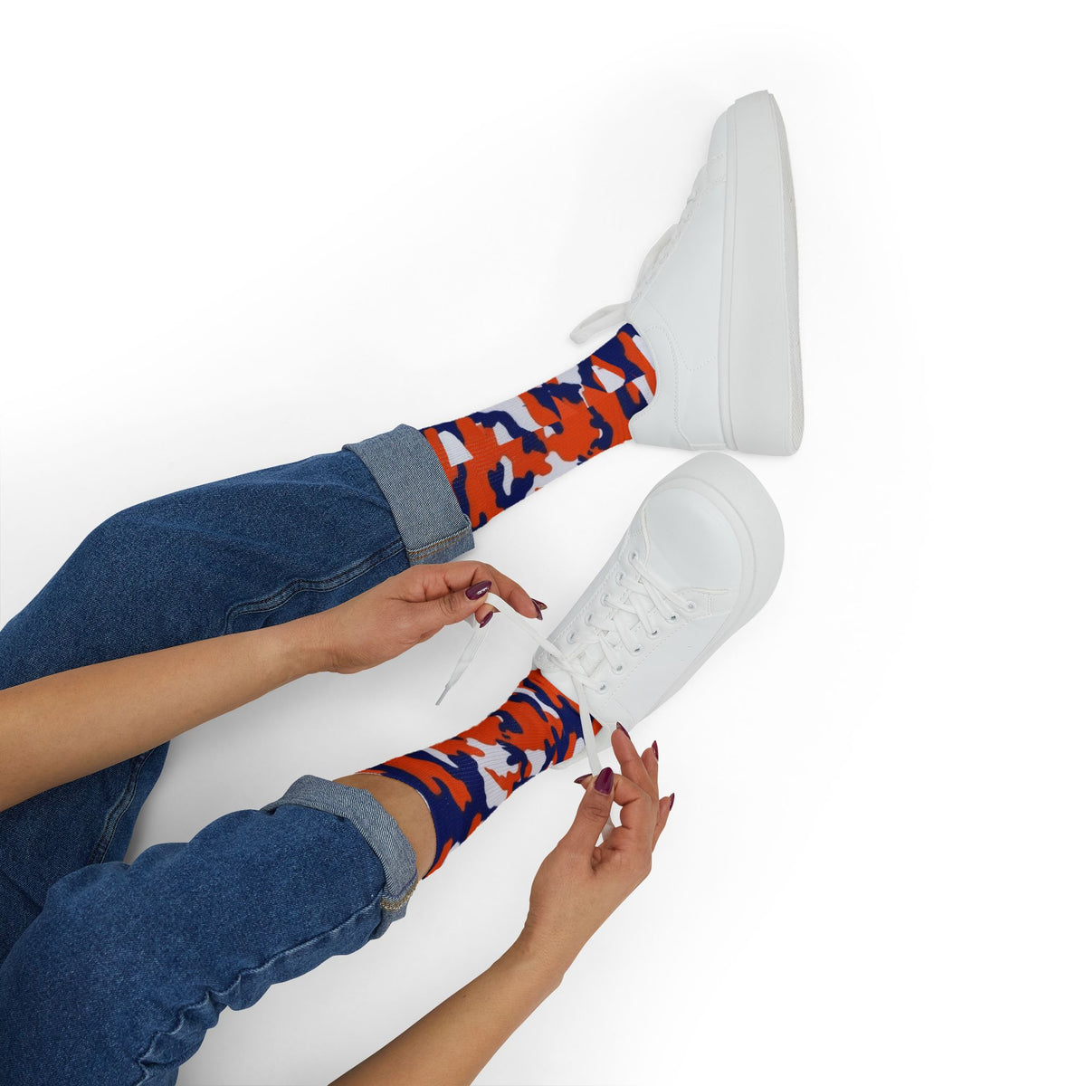 Orange, Blue and White Electros Camouflage Crew Socks by Camotoez Crimson Pulse Camo Crew | Blend In But Stand Out Edition | More Mercy For Your Sole