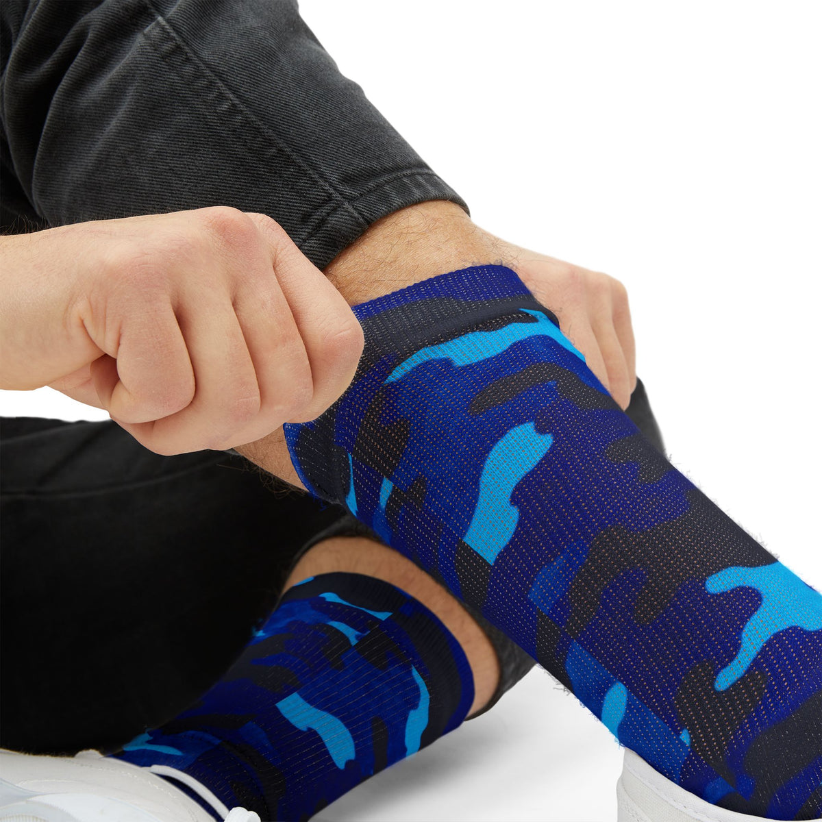 Midnight Obsidian and Aquatic Awe Camouflage Crew Socks by Camotoez Deep Azure Camo Crew | Blend In But Stand Out Edition | More Mercy For Yor Soles Teal Crew Socks by Camotoez Deep Azure Camo Crew