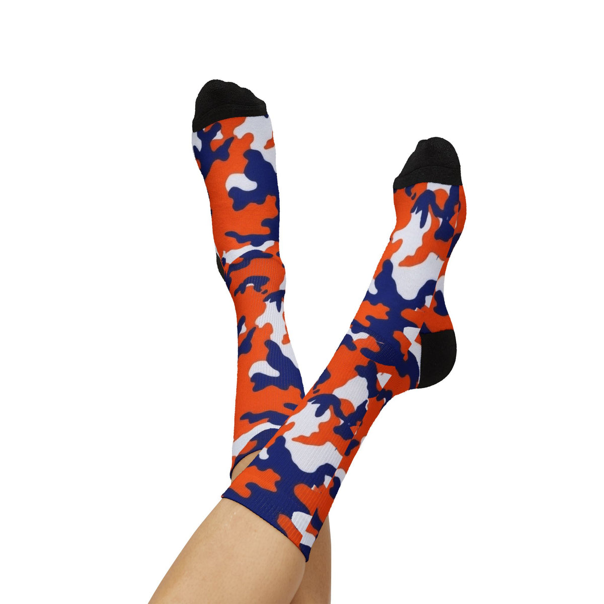 Orange, Blue and White Electros Camouflage Crew Socks by Camotoez Crimson Pulse Camo Crew | Blend In But Stand Out Edition | More Mercy For Your Sole