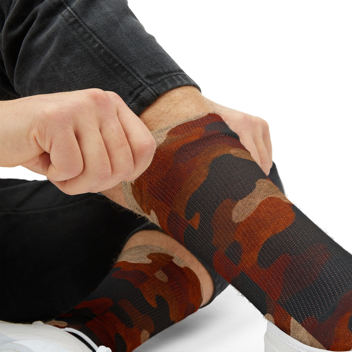 Burnt Sienna and  Deep Expresso Crew Socks by Camotoez Catch My Dust Alpine Camo Socks