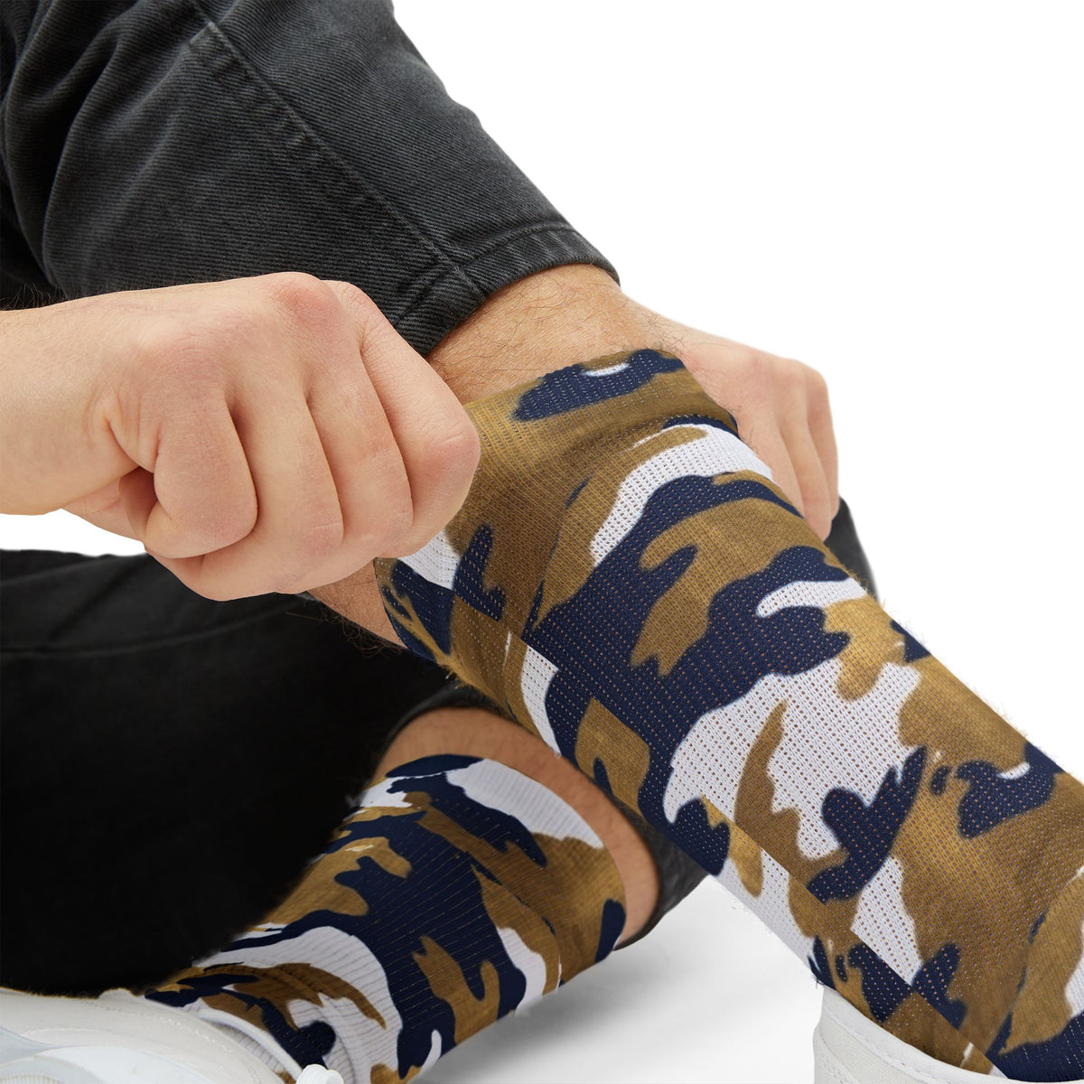 White, Royal Blue and Gold Pubs l Camouflage Crew Socks by Camotoez