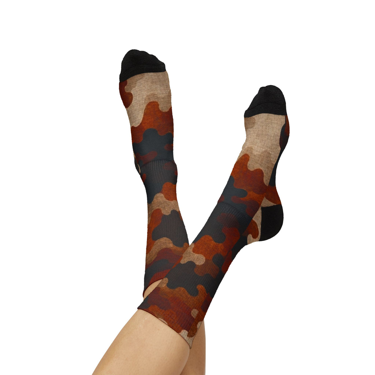 Burnt Sienna and  Deep Expresso Crew Socks by Camotoez Catch My Dust Alpine Camo Socks
