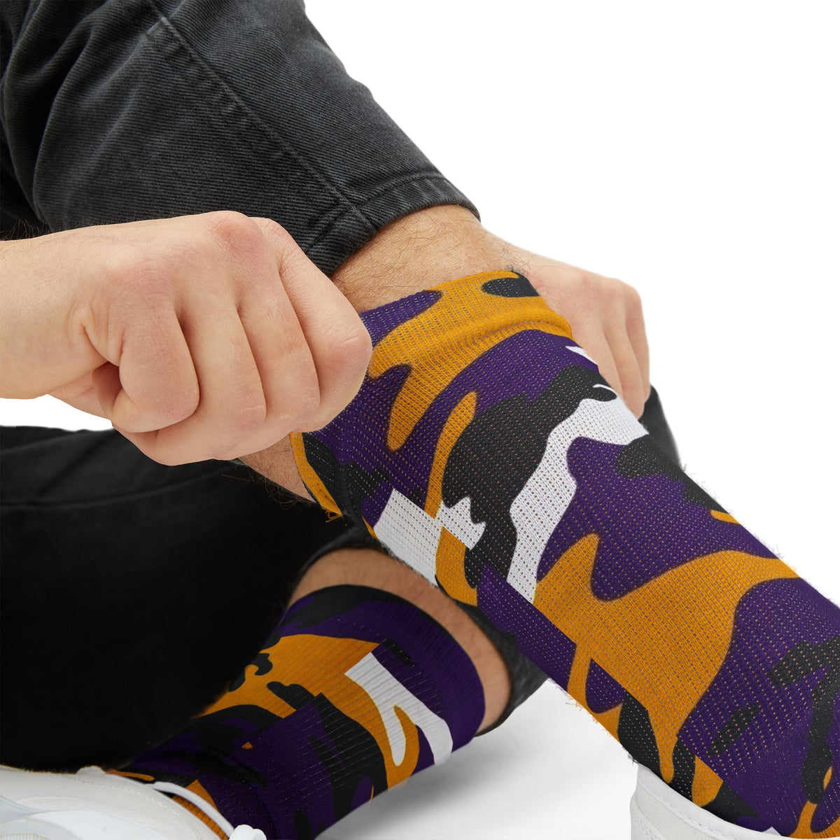 Copy of Captain Camotoez, Red Orange Camo Bay Drip Sublimation Socks — Bold Camouflage Athletic Crew Socks